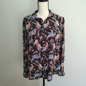 LOFT Peacock Button Up Blouse Black Blue Pink Lightweight Novelty M
